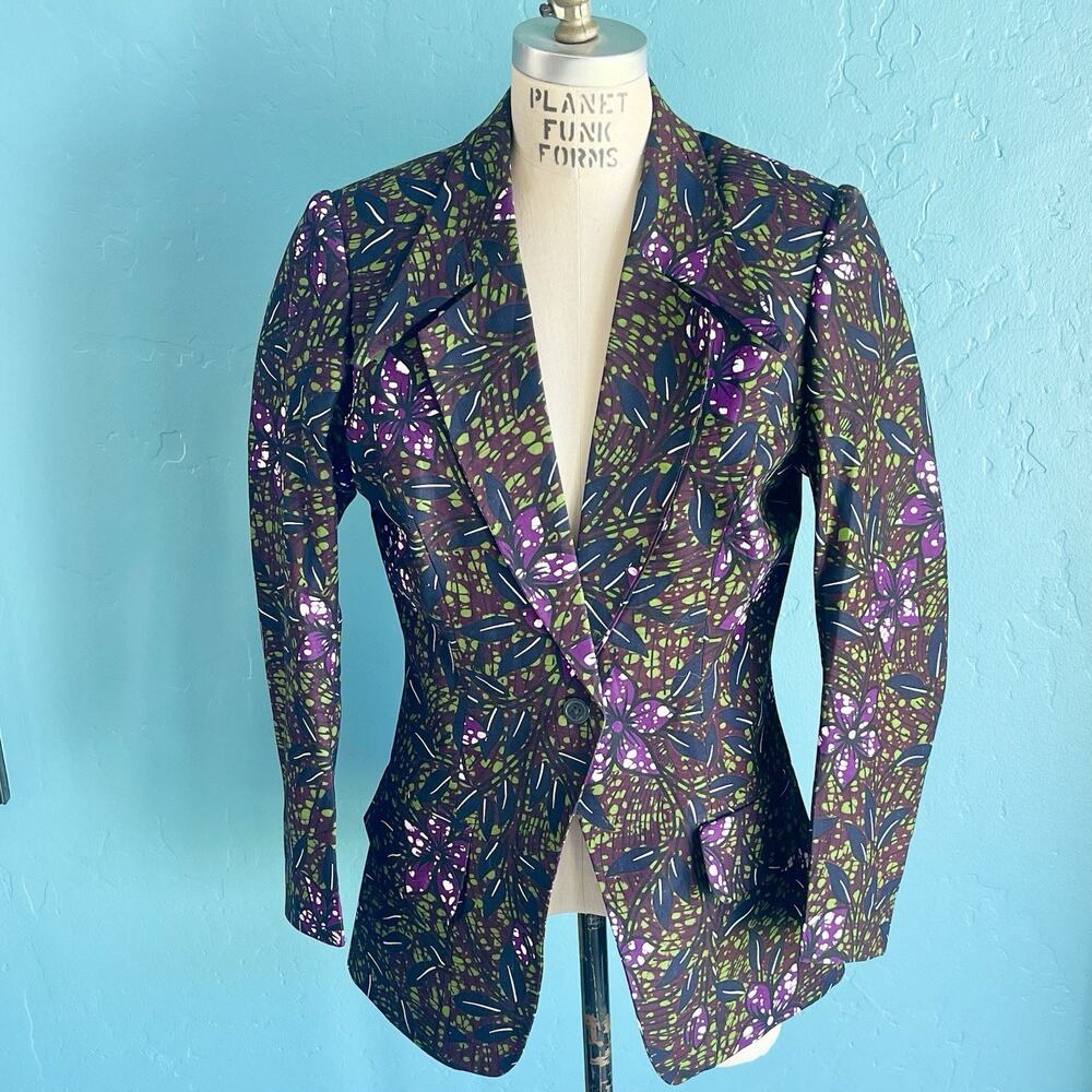 KUTULA by Africa Womens Small Multicolor Floral African Cotton Blazer Artistic